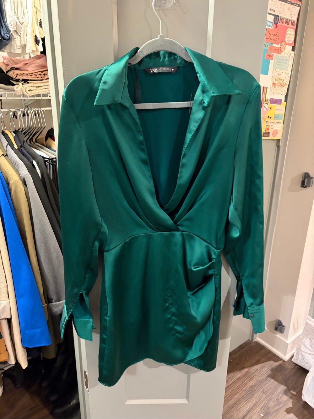 Zara Teal Satin Draped V-Neck Blouse
